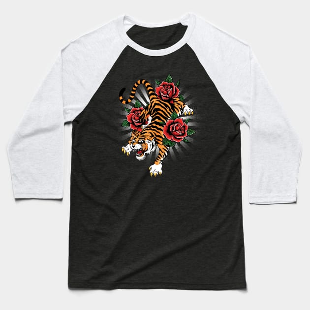Vintage Tiger Tattoo Flash Baseball T-Shirt by Black Tee Inc